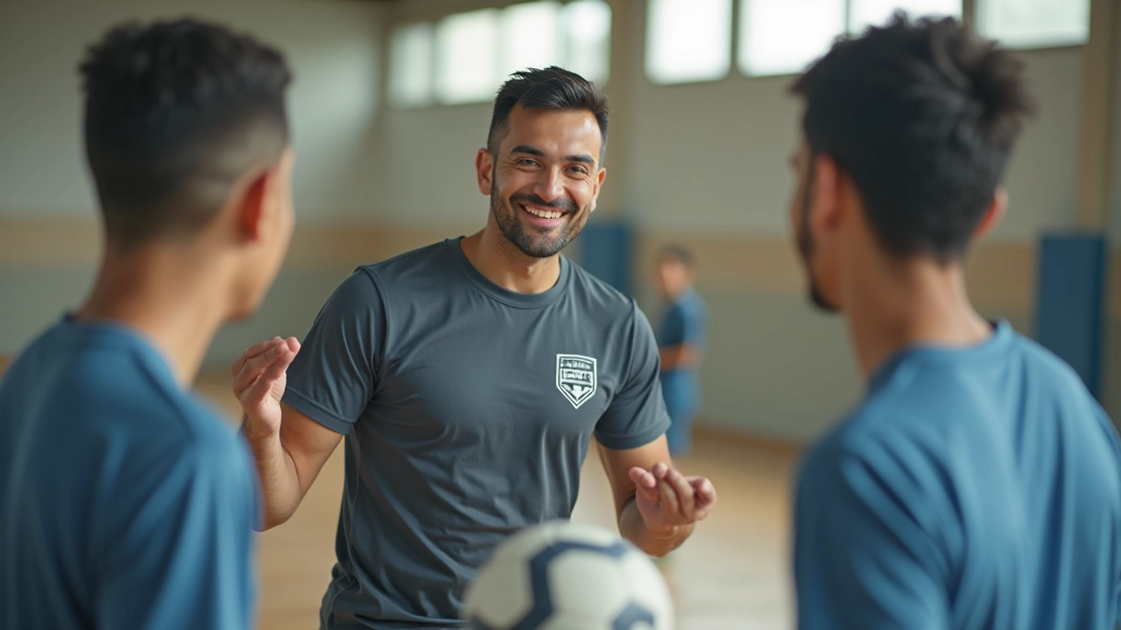 مدرب كرة يد يوضح تقنية الرمي لمجموعة من الرياضيين الشباب