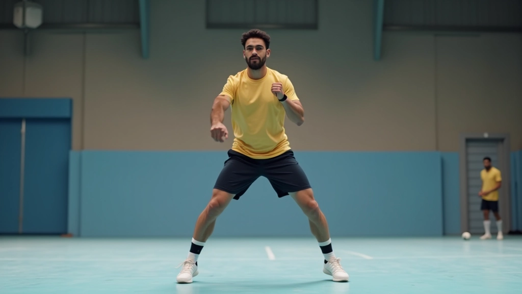 لاعب كرة يد في وضعية الرمي مع تركيز على موضع القدمين والتوازن الصحيح